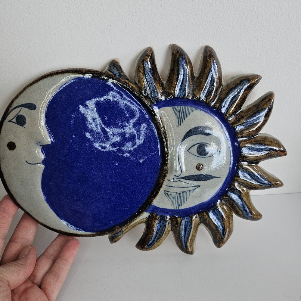 Mexican Pottery Sun and Moon wall plaque ceramic Wall hanging Celestial Tonala